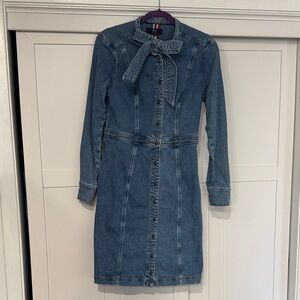 Denim Button-Front Tie-Neck Dress in Medium Blue 8L